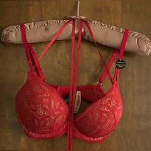 Victoria's Secret Bombshell Push-Up
Strappy Ribbon Plunge Bra Red Lace, 34C